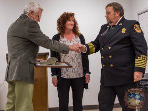 Pictured: Rembert Wren shakes hands with Chief Scott Lee of the Moncks Corner Rural Fire Dept.