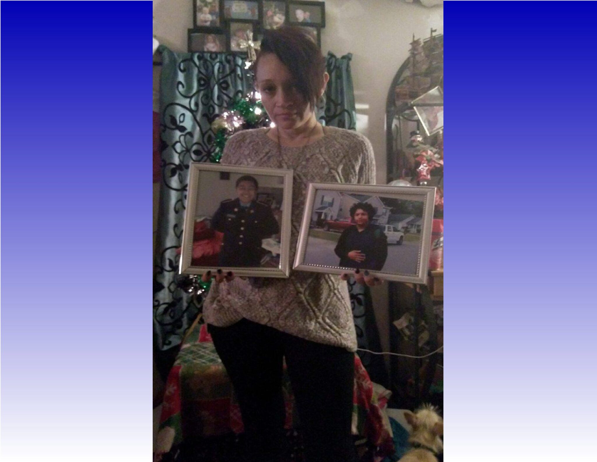 Pictured: Crystal Richardson holds up a photo of her son and his best friend. Both were killed in a fatal hit-and-run in late June 2016.